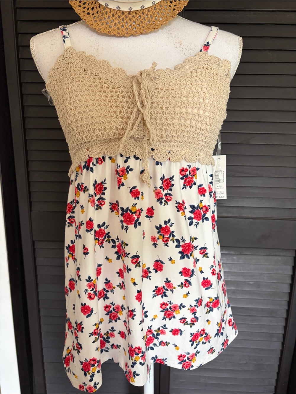 Cream Crochet-Top Floral Spaghetti Strap Tank - Women